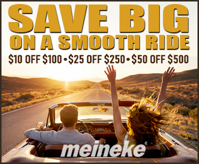 - Meineke Car Care Centers Virginia Meineke ad: a couple in a convertible on a sunset road with a large gold headline offering discounts for a smooth ride.